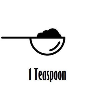 May include: Black and white line drawing icons showing the steps to make a simple recipe. The first icon shows a thermometer in a water drop with the text 212&deg;F / 100&deg;C. The second icon shows a spoon with a scoop of powder in it with the text 1 Teaspoon. The third icon shows a stopwatch with the text 3-5 Mins.