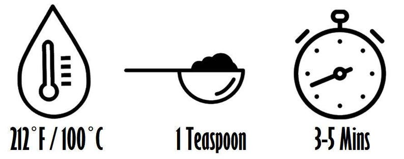 May include: Black and white line drawing icons showing the steps to make a simple recipe. The first icon shows a thermometer in a water drop with the text 212&deg;F / 100&deg;C. The second icon shows a spoon with a scoop of powder in it with the text 1 Teaspoon. The third icon shows a stopwatch with the text 3-5 Mins.