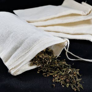 Cotton Reuseable Tea Bag with Drawstring. Pack of 5 Bags. 3 Sizes. 5"x3", 6"x4" or 8"x6".