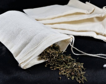 Cotton Reuseable Tea Bag with Drawstring. Pack of 5 Bags. 3 Sizes. 5"x3", 6"x4" or 8"x6".