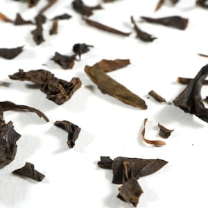 May include: Loose dried tea leaves scattered on a white surface. The leaves are dark brown and have a variety of shapes and sizes.