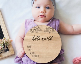 Baby Birth Announcement Wood Discs, Milestone Card, Hello World Sign Shower Gift, Engraved Etched Wooden Card Marker Photo Prop