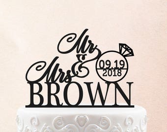 Customized Wedding Cake Topper, Personalized Cake Topper for Wedding with date Personalized Wedding Cake Topper, Ring Cake Topper 23