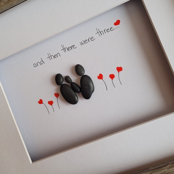 new baby gift, family of 3, pebble art, baby shower, framed or unframed 8x10 picture