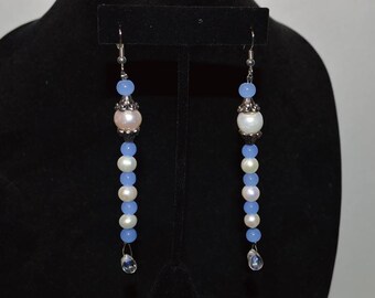 Earring, freshwater pearl, glass bead, quartz, jewelry