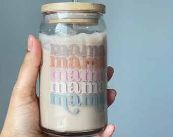 Mama Coffee Can Glass Cup, Aesthetic Iced Coffee Cup with Lid