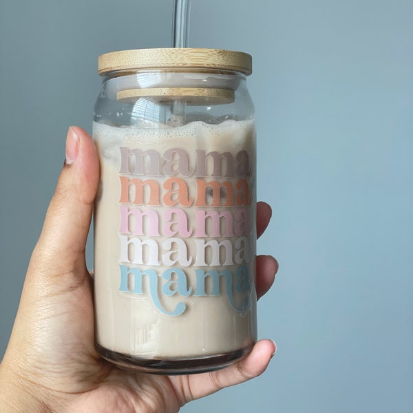 Coffee can glass, Mama coffee can cup, Aesthetic can glass, boho can glass, soda can glass, Ice coffee glass cup, Can glass with lid