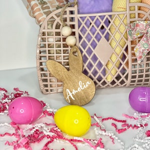 Personalized Wood Easter Basket Tag: Farmhouse Bunny Decor