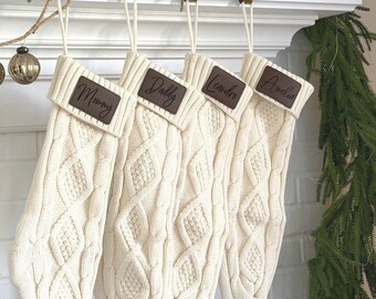 Personalized Knit Christmas Stocking, Engraved Leather Patch, Holiday Decor