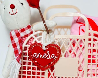 Personalized Valentine's Day Basket Tag: Doily Heart Acrylic Name Tag