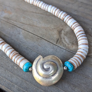 Elegant Coastal Charm: Silver Hill Tribe Shell Pendant with Graduated Hammer Shell, Turquoise Accents, Handmade Karen Silver, Unisex Gift