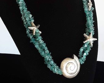 Triple Strand Vintage Blue Apatite Gemstone Necklace 18&quot;L, Thailand Hill Tribe Silver Starfish & Large Focal Silver Shell, Artisan Design