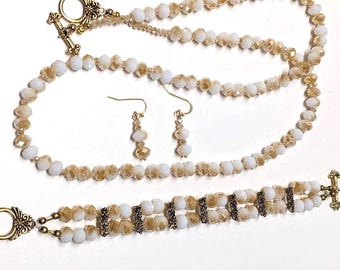 Crystal Faceted Bead Jewelry Set - Elegant Artisan Fashion for Her, Womens Jewelry, Necklace Earring Bracelet, Chic Two Tone Tan White Beads