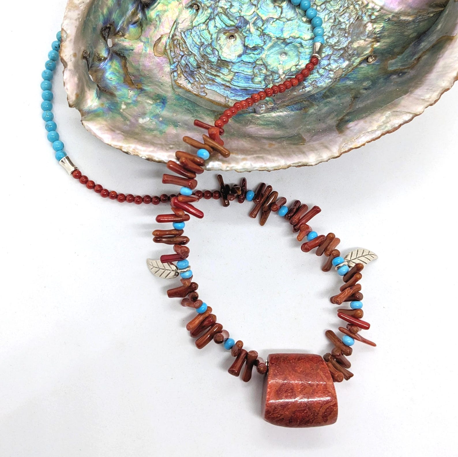 Red Spiny Coral and Turquoise Pendant Necklace: Handcrafted Vintage ...