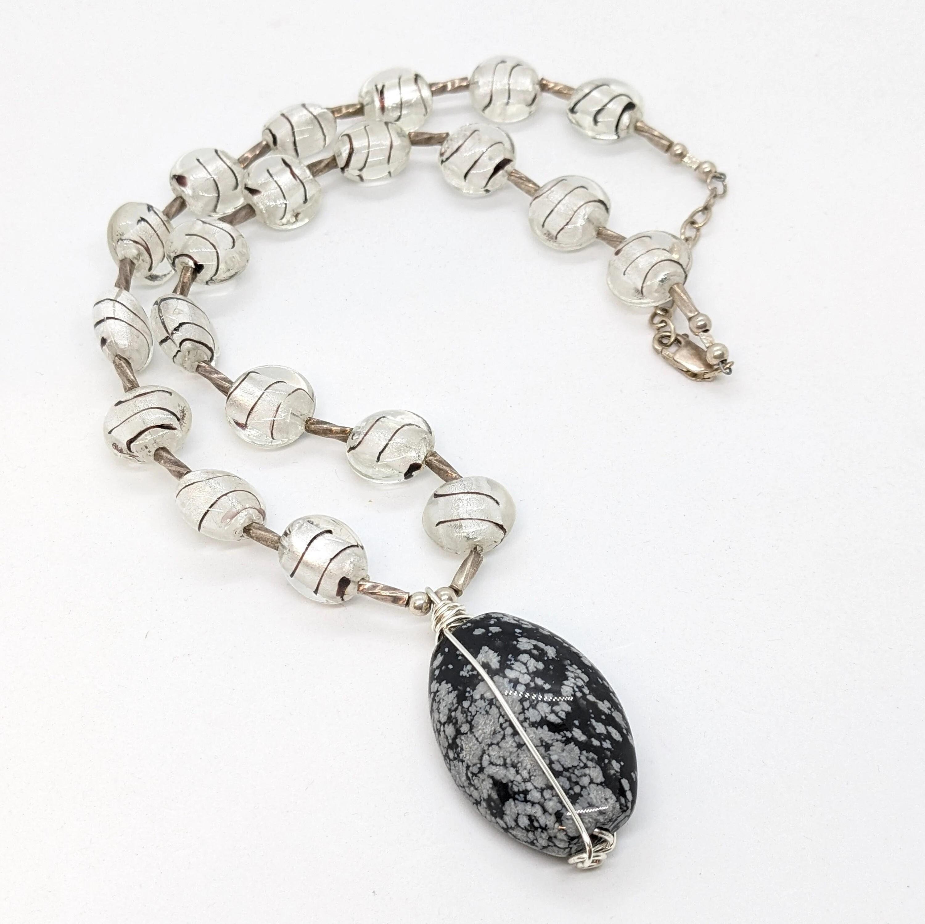Handmade Snowflake Obsidian Pendant Necklace - Elevate Your Style with Natural Elegance! Glass Beads Necklace, Black White Fashion Statement