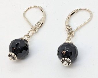 Black Onyx Gemstone Earrings, Multi Faceted 8mm Round Bead, Sterling Lever Backs, Gift for Him or Her