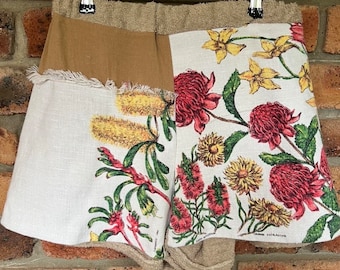 Handmade Shorts Made from a Vintage Linen Tea-Towel and Upcycled Towel Medium