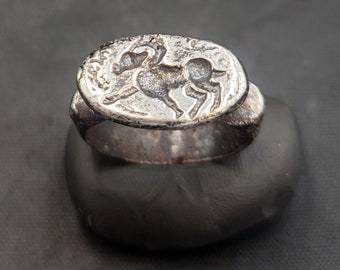 Antique Silver Bull Coin Ring - Greek Empire Style - Size 9