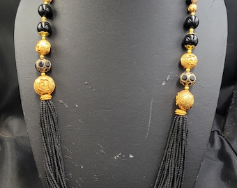 Amizing Black Agate Stone Wonderful Antique Necklace With Gold Plated Beads