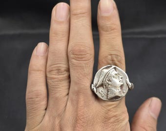 Ancient Rare Unique Rare Found Authentic Silver Greek Coin Ring