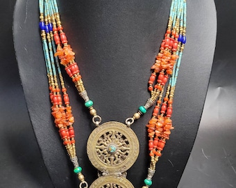 Vintage Turquoise Coral Tibetan Silver Necklace: Handmade Adjustable Gemstone Jewelry