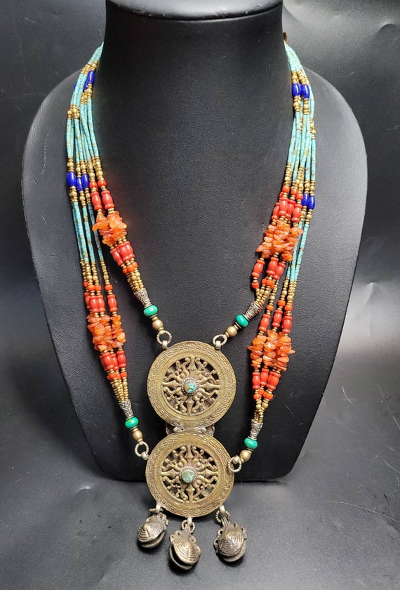 Vintage Turquoise Coral Tibetan Silver Necklace: Handmade
