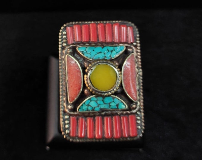 Beautiful Vintage Silver With Tibetan Turquoise and Coral Ring