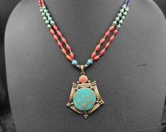 Vintage Handmade Brass Necklace with Turquoise and Coral Gemstones