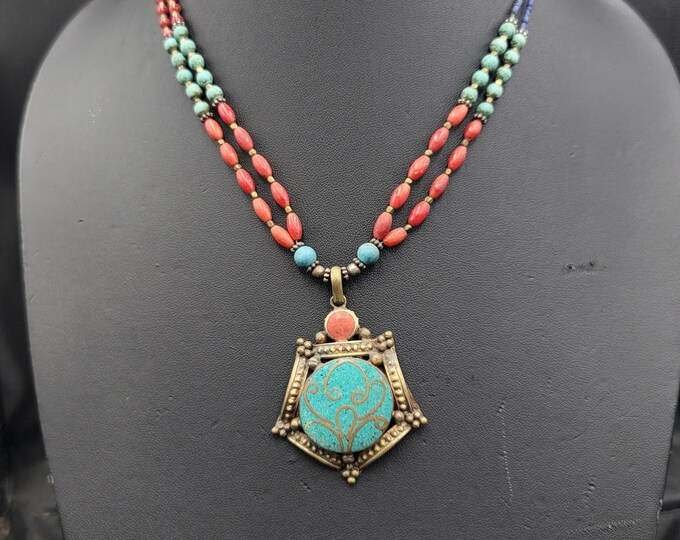 Gorgeous Vintage Brass Authentic Necklace With Natural Turquoise And Coral Gemstone