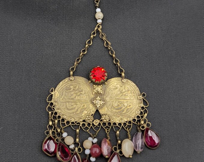 Islamic Calligraphy Blessing Carved Gold On Silver Pendant With Natural Ruby And Toppaz Gemstone