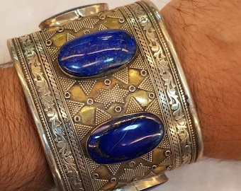 Wonderful Real Old Silver Vintage Bangle / Cuff with Lapis Lazuli Natural Stone