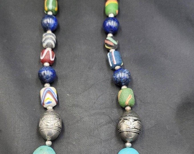 Beautiful Morakish Near Eastern Silver Enamel Beads Vintage Necklace With Old Authentic Stones