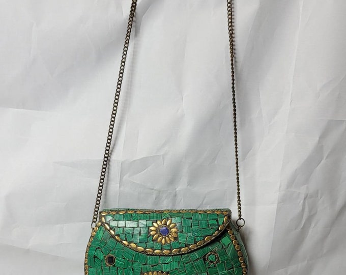 Beautiful Vintage Nepali Brass Ladies Hand Purse With Green Malachite And Other Gemstone