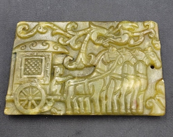 Ancient Unique Tibeten Engraved Old Burma Natural Jade Stone Amulet Decorated Man Riding Horses