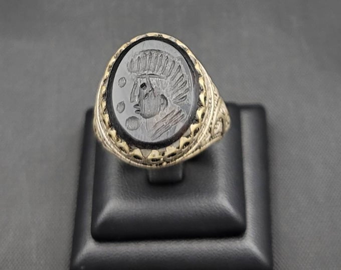 Wonderful Vintage Near Eastern Silver Ring With Black Agate Stone Roman King Intaglio