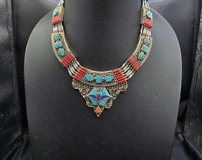 Wonderful Antique Soild Silver Tibeten Necklace With Natural Coral And Turquoise Stone