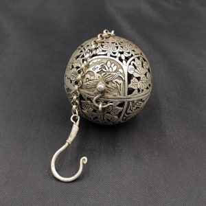 Handmade Carved Tibetan Silver Ball with Chain