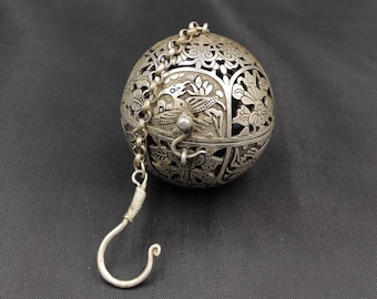 Handmade Carved Tibetan Silver Ball with Chain
