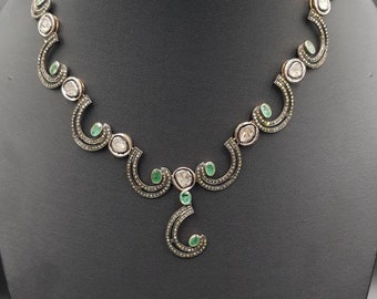 Gerogues Victorian Rose Cut Natural Daimond With Colombian Emerald Gold On Silver Necklace