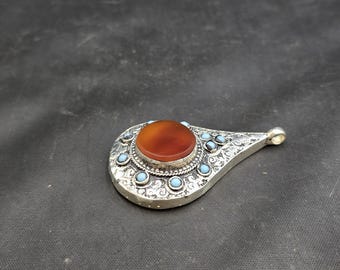 Beautiful Vintage Soild Silver Handmade Afghan Pendant With Natural Agate Stone
