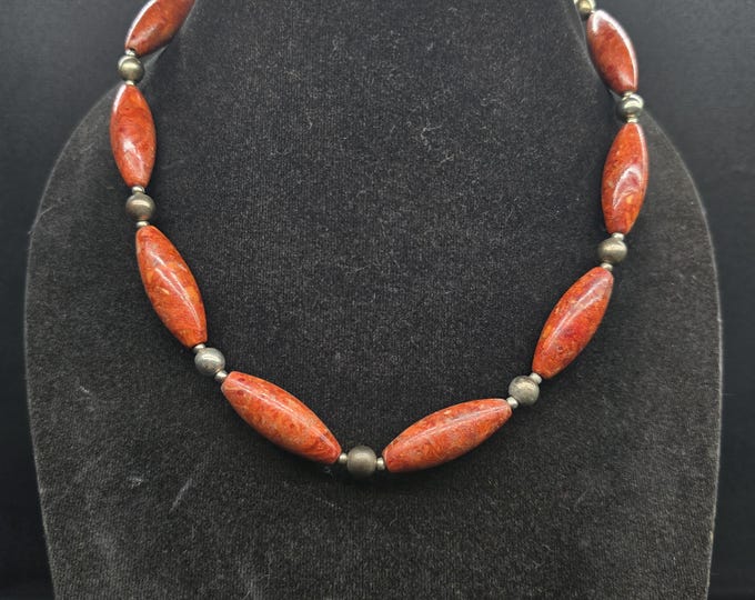 Vintage Red Jasper Bead Necklace with Silver Beads