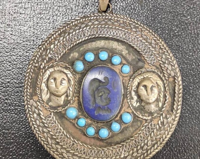 Antique Egyptian Old Silver Pendant With Lapis The GreatThe great Alexander Face Intagilo & Turquoise Stone