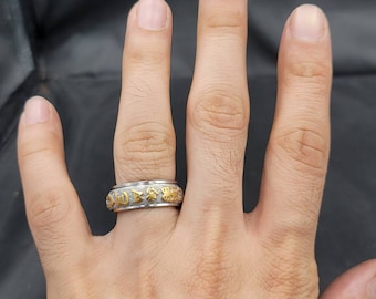 Vintage Nepali Silver Ring with Gold Gilding, Carved Lucky Writing, Size 8