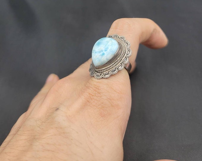 Beautiful Quality Natural Larimar Gemstone Sterling Silver Ring