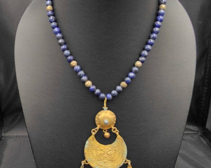 Grougues Lapis Lazuli Stone And Silver Gold Plated Unique Afghan Tribal Antique Necklace
