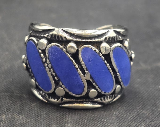 Super Vintage Handmade Afghan Silver Adjustable Ring With Natural Lapis Lazuli Stone