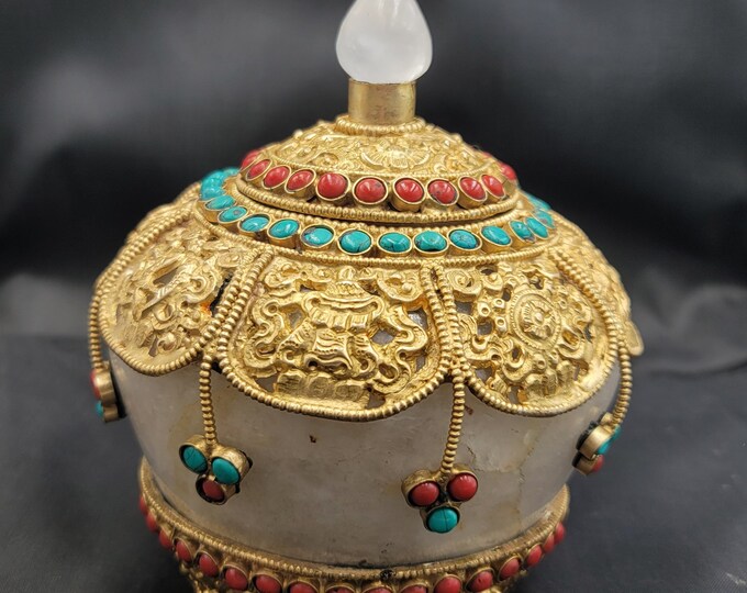 Genuine Clear Crystal Quartz Handcrafted Box With Gold Plated Art Deco Beautiful Box With Turquoise And Coral