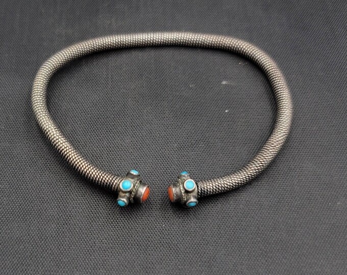 Vintage Near Eastern Silver Bangle Bracelet With Coral Stone And Turquoise Stone