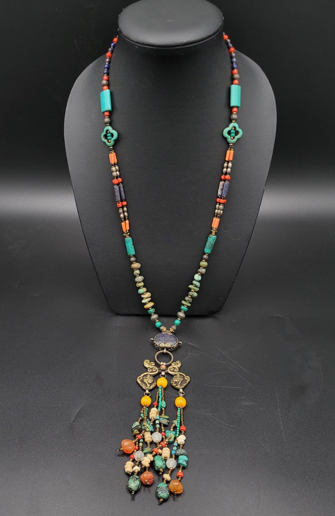 Tibetan Vintage Handmade Coral Lapis Stone Bead Necklace #3 boho jewelry