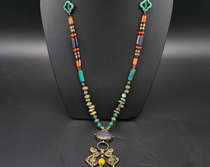 Boho Tibeten Gorgeous Long Necklace Silver Necklace With Turquoise And Coral And Lapis Lazuli Stone
